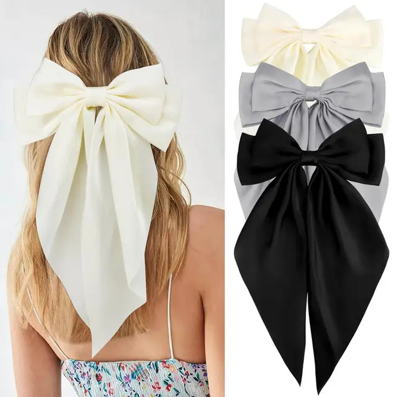 3Pcs Elegant Bow Ribbon Hair Clip for Women Fashion Solid Satin Spring Clip Hairpin Headband with Clips Girls Hair Accessories