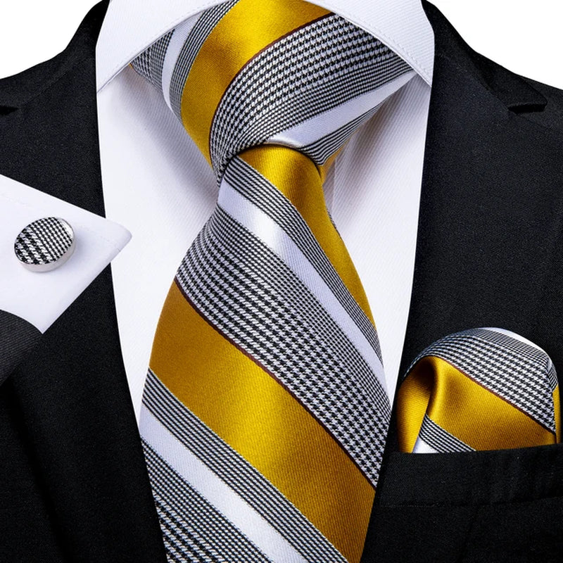 Mens Tie Yellow Striped Silk Wedding Tie for Men Hanky Cufflink Tie Set Fashion Bussiness Party Dropshipping New Design