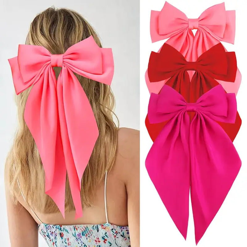 3Pcs Elegant Bow Ribbon Hair Clip for Women Fashion Solid Satin Spring Clip Hairpin Headband with Clips Girls Hair Accessories