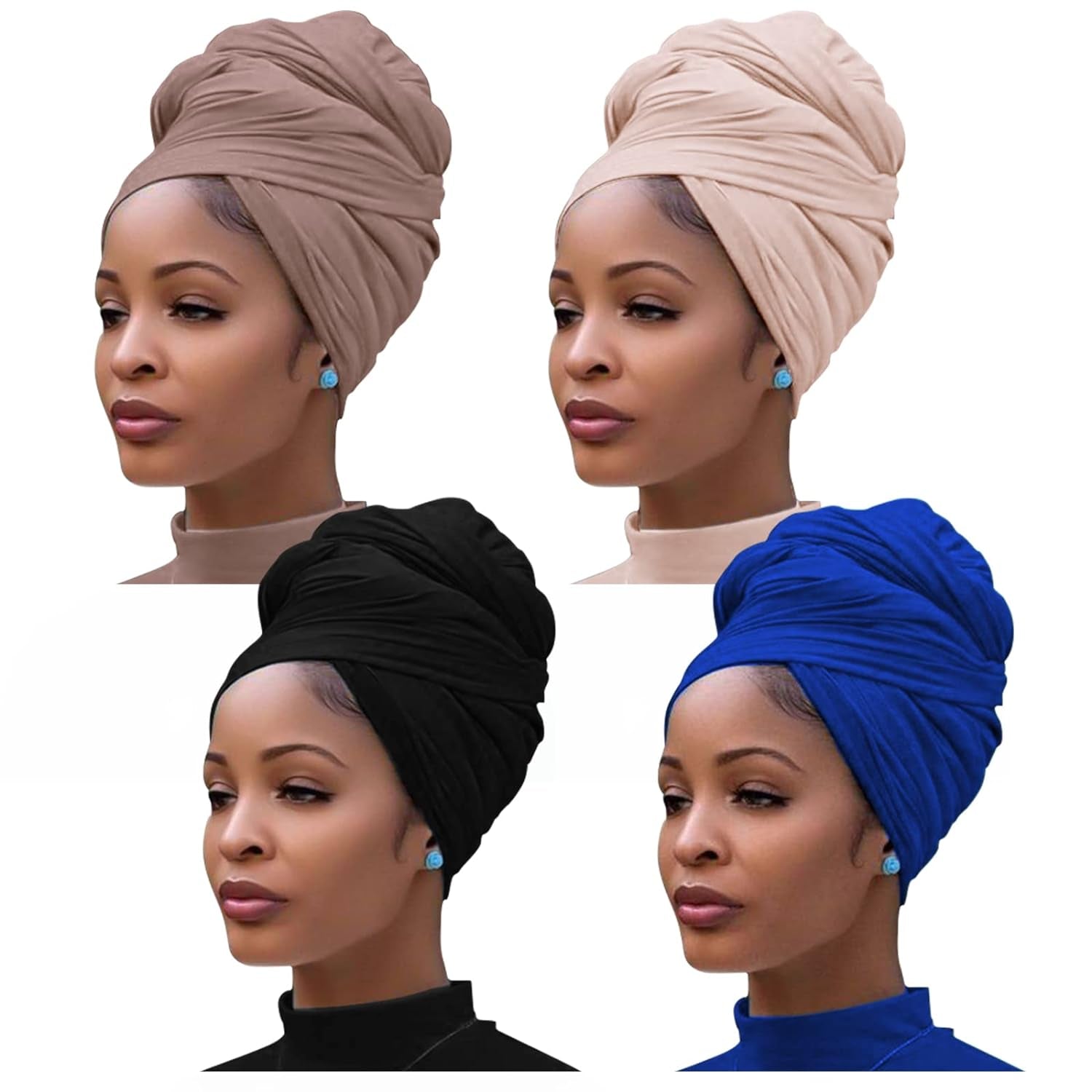 4 Pieces Stretch Jersey Turban Knit Bohemian Head Wrap Scarf African Headwraps U