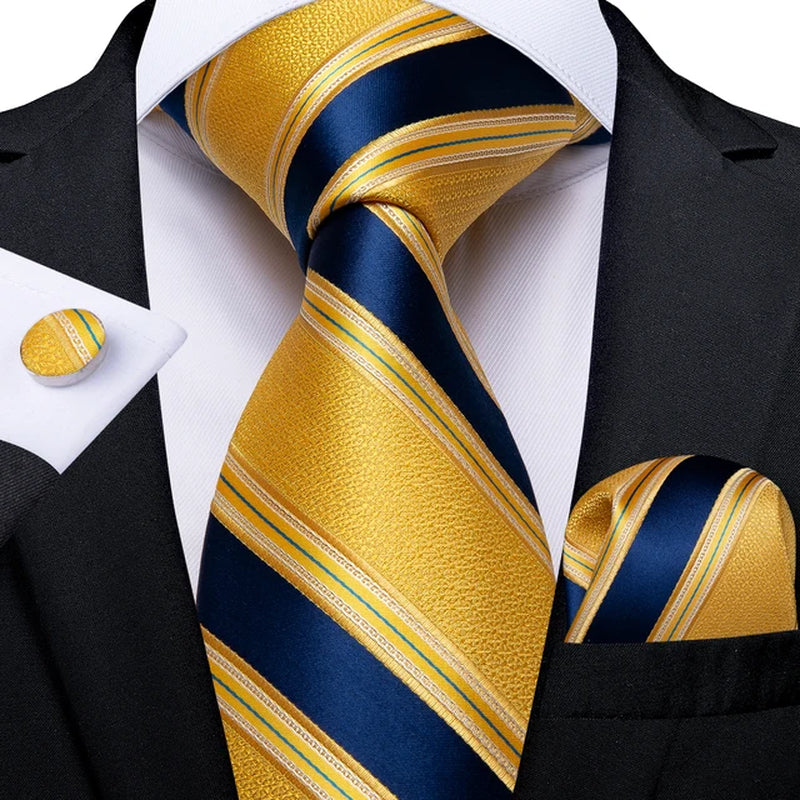 Mens Tie Yellow Striped Silk Wedding Tie for Men Hanky Cufflink Tie Set Fashion Bussiness Party Dropshipping New Design