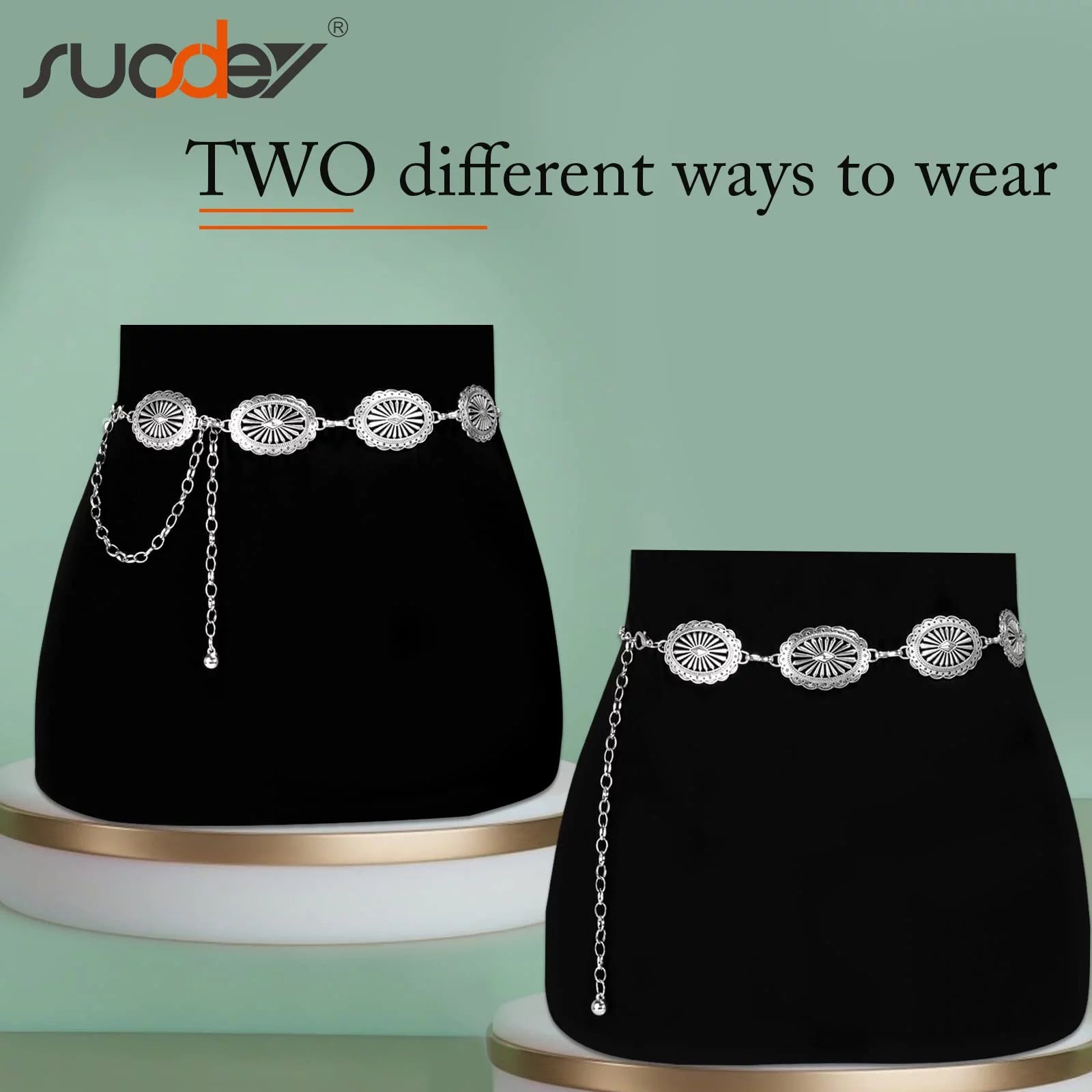 Women Silver Concho Chain Waist Belt Western Cowgirl Metal Chain Belt for Dress Adjustable