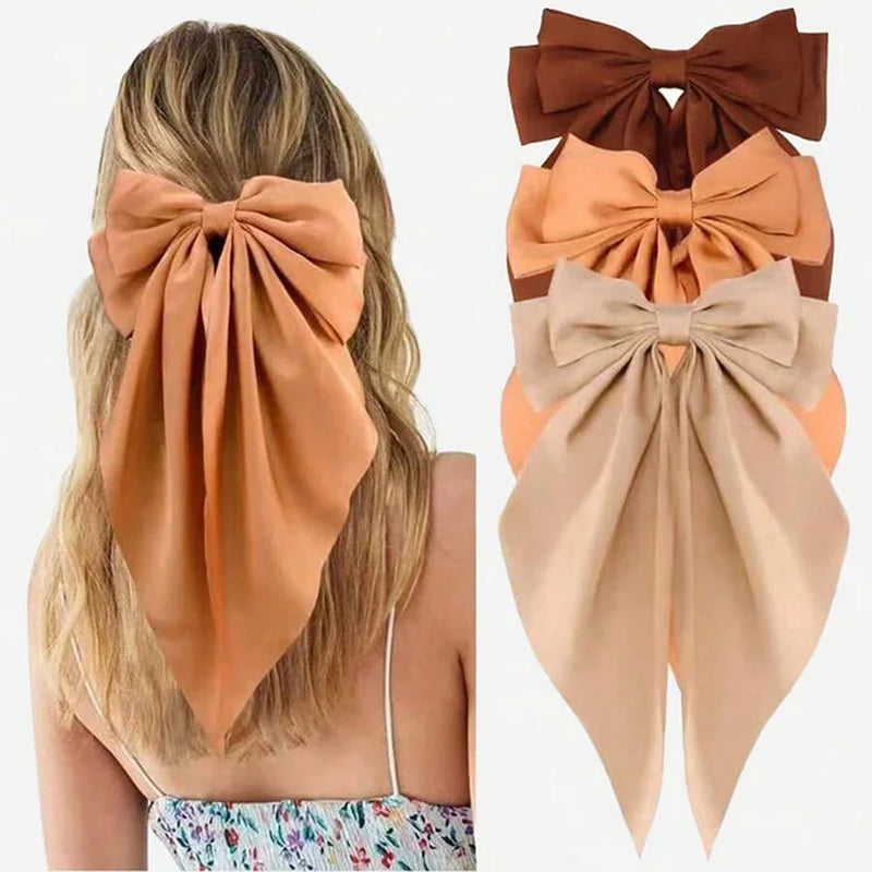 3Pcs Elegant Bow Ribbon Hair Clip for Women Fashion Solid Satin Spring Clip Hairpin Headband with Clips Girls Hair Accessories