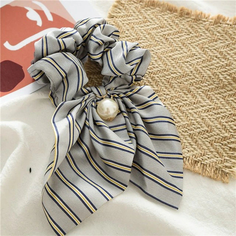 New Chiffon Bowknot Silk Hair Scrunchies Women Pearl Ponytail Holder Hair Ties Hair Rope Rubber Bands Headwear Hair Accessories