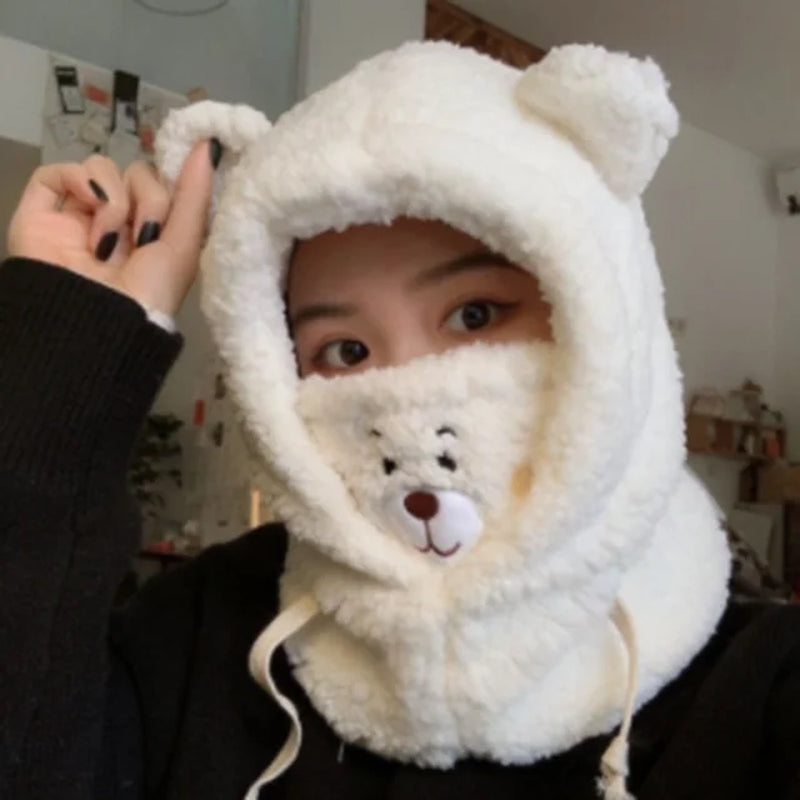 Winter Cartoon Hat Bear Ear Lamb Beanie Hats Warm Thickened Ear Protection Beanies for Women Girl Kawaii