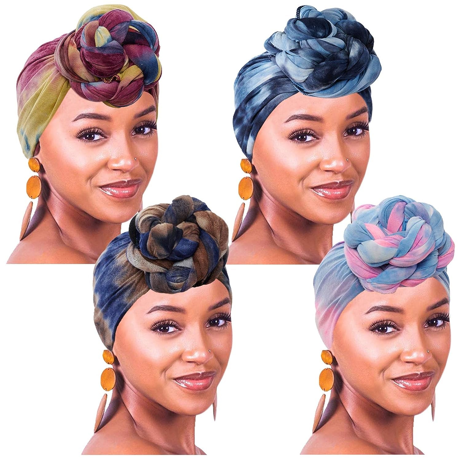 4 Pieces Stretch Jersey Turban Knit Bohemian Head Wrap Scarf African Headwraps U