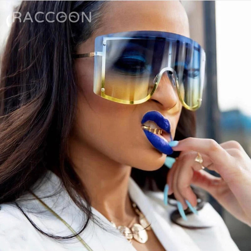 Oversized Women Blue Yellow Gradient Huge Sunglasses Curved Fashion Rimless Metal Shades Personality Massive Female Eyewear Prop