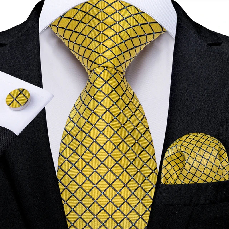 Mens Tie Yellow Striped Silk Wedding Tie for Men Hanky Cufflink Tie Set Fashion Bussiness Party Dropshipping New Design