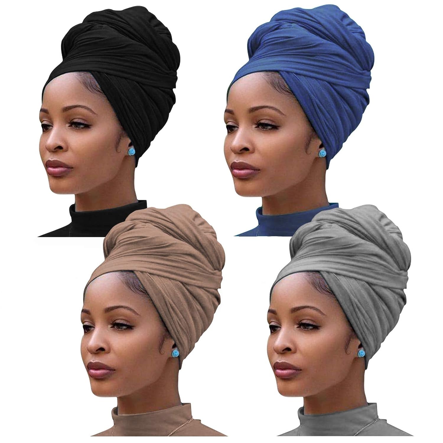 4 Pieces Stretch Jersey Turban Knit Bohemian Head Wrap Scarf African Headwraps U