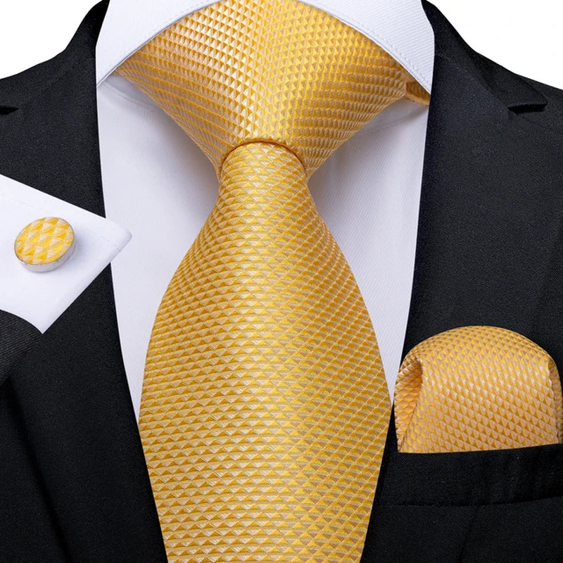 Mens Tie Yellow Striped Silk Wedding Tie for Men Hanky Cufflink Tie Set Fashion Bussiness Party Dropshipping New Design