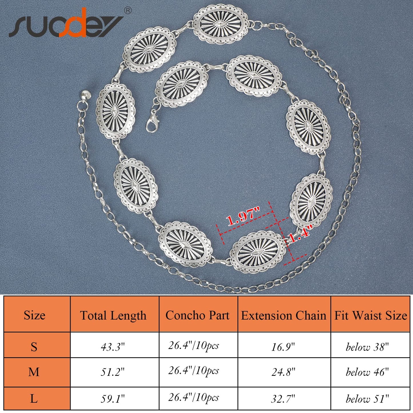 Women Silver Concho Chain Waist Belt Western Cowgirl Metal Chain Belt for Dress Adjustable