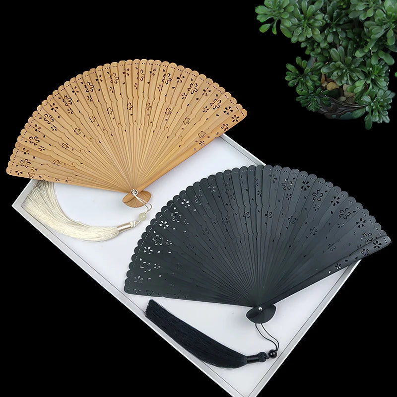 Full Bamboo Folding Fan Hollow Carving Women'S Dance Wedding Portable Fan Travel Selfie Accessories Craft Daily Home Decoration