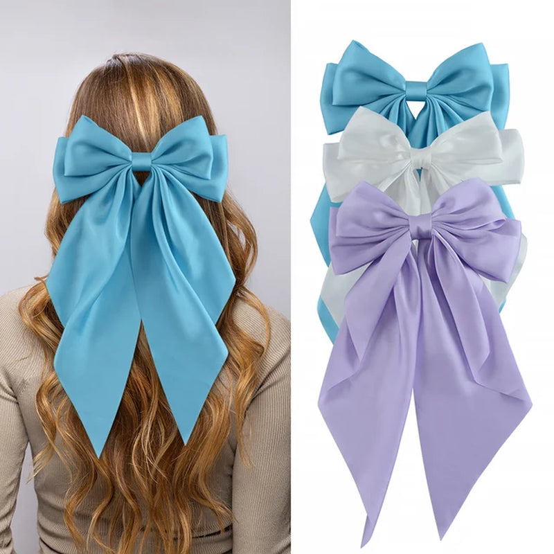 3Pcs Elegant Bow Ribbon Hair Clip for Women Fashion Solid Satin Spring Clip Hairpin Headband with Clips Girls Hair Accessories