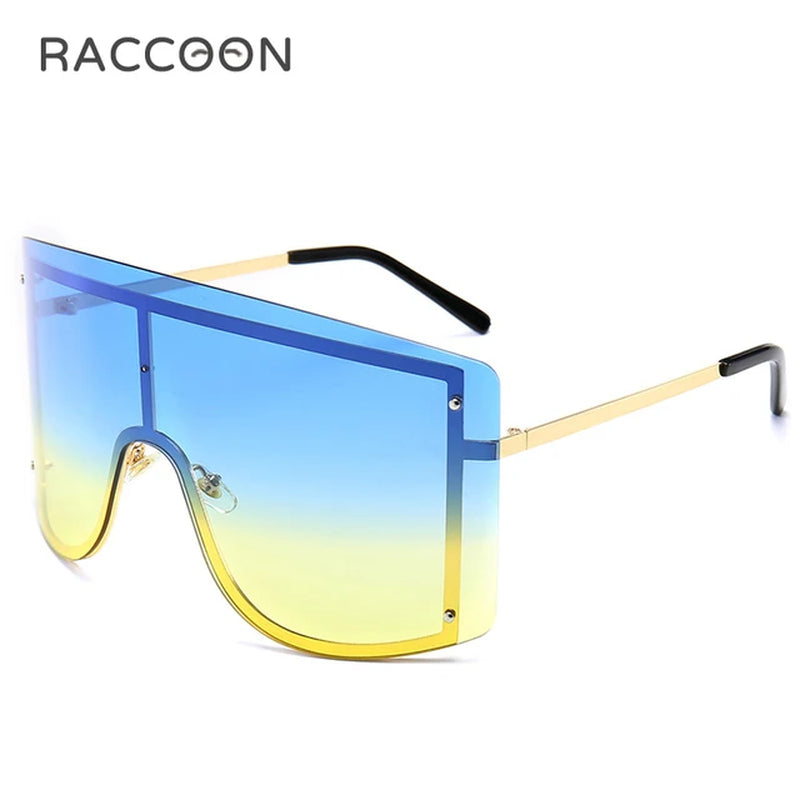 Oversized Women Blue Yellow Gradient Huge Sunglasses Curved Fashion Rimless Metal Shades Personality Massive Female Eyewear Prop