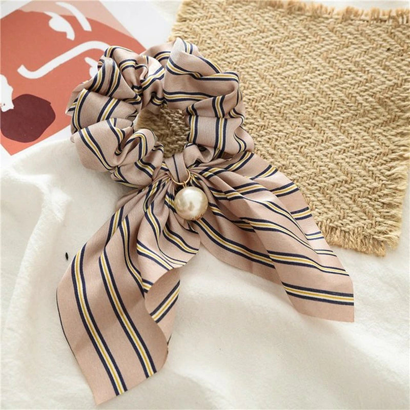 New Chiffon Bowknot Silk Hair Scrunchies Women Pearl Ponytail Holder Hair Ties Hair Rope Rubber Bands Headwear Hair Accessories