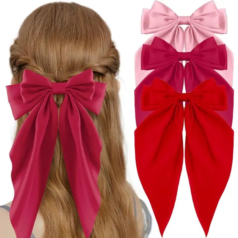 3Pcs Elegant Bow Ribbon Hair Clip for Women Fashion Solid Satin Spring Clip Hairpin Headband with Clips Girls Hair Accessories