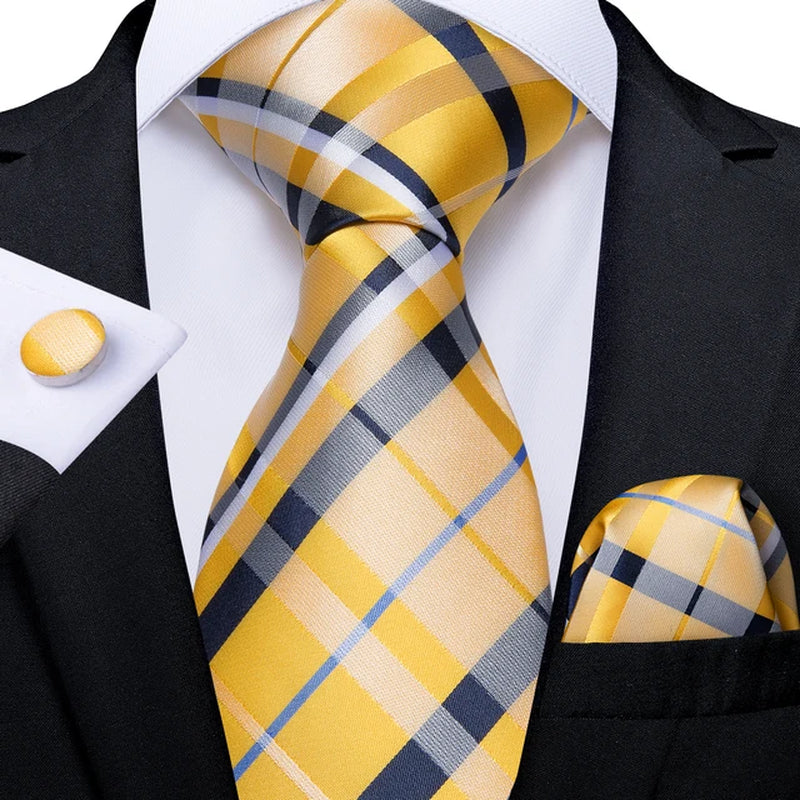 Mens Tie Yellow Striped Silk Wedding Tie for Men Hanky Cufflink Tie Set Fashion Bussiness Party Dropshipping New Design