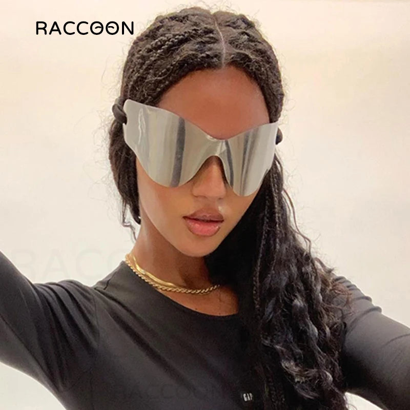 Y2K Futuristic Sunglasses Women Alien Silver Sun Glasses Men Oversized Rimless One Piece Hip Hop Punk Soft Shades Luxury Brand