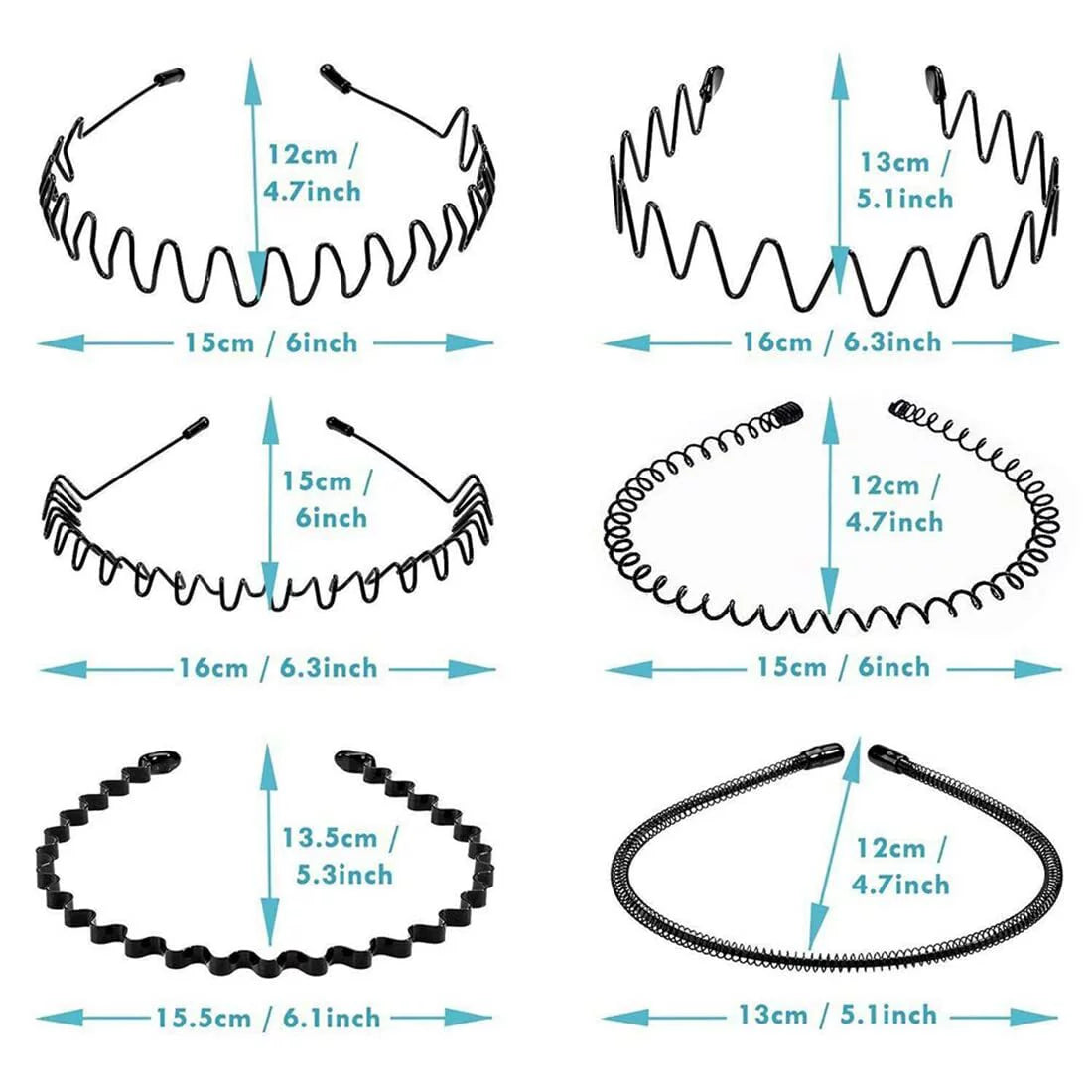 6 Pieces Metal Headbands Wavy Hairband Spring Hair Hoop Sports Fashion Hair Bands Unisex Black Elastic Non Slip Simple Headwear Accessories