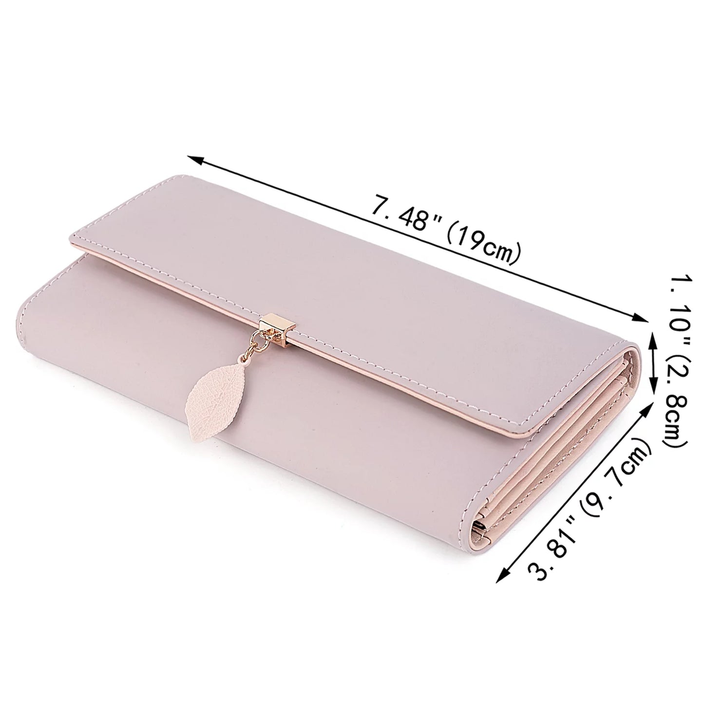 Womens Wallet PU Leather RFID Blocking Card Holder Elegant Zipper Coin Purse Leaf Pendant(Pink-2)