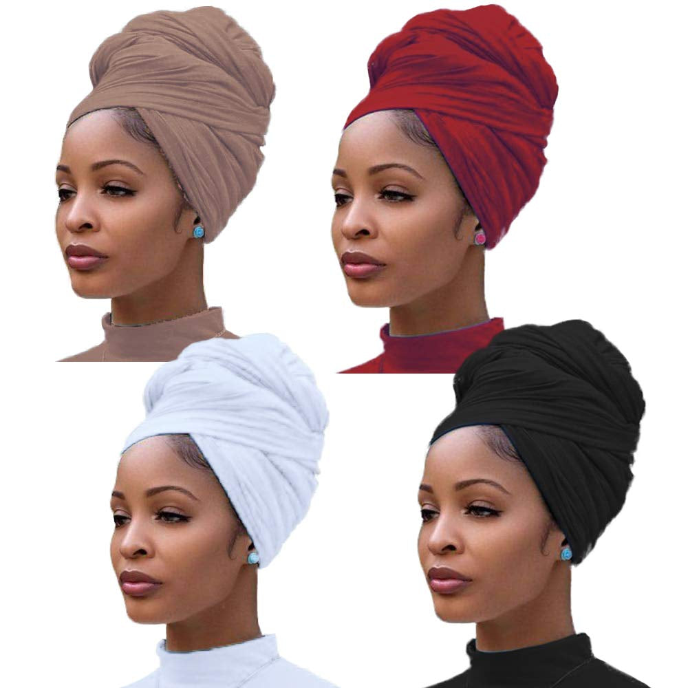 4 Pieces Stretch Jersey Turban Knit Bohemian Head Wrap Scarf African Headwraps U